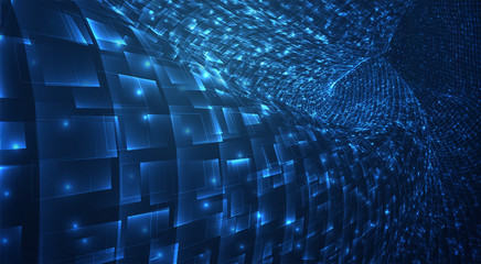 Wall Mural - vector blue stream of luminous particles and crystals, virtual data