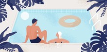 Happy Couple Having Friendly Conversation At Swimming Pool Vector Flat Illustration. Smiling Man And Woman Enjoying Romantic Date Outdoor. Joyful People In Swimsuit Having Open-air Leisure