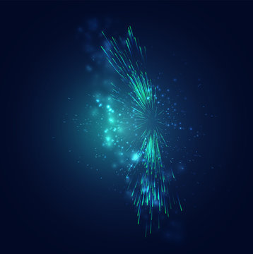 green and blue fireworks in the night sky, festive vector set of sparks and moods