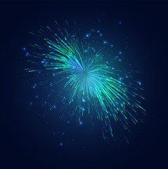 Wall Mural - green and blue fireworks in the night sky, festive vector set of sparks and moods