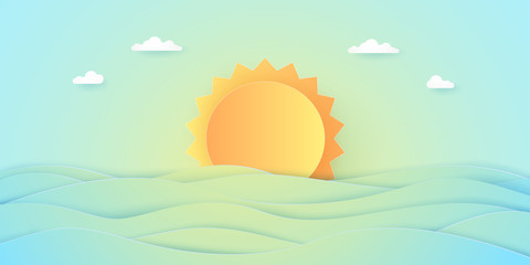 Wall Mural - summer time, seascape, cloudy sky with bright sun and sea, paper art style