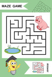 Fototapeta Dinusie - Simple Labyrinth with funny Pig isolated on colorful background. Find right way to the Lake. Entry and exit. With Answer. Education worksheet. Activity page. Logic Games for kids. Cartoon style.