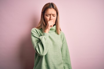 Sticker - Young beautiful blonde woman wearing winter wool sweater over pink isolated background feeling unwell and coughing as symptom for cold or bronchitis. Health care concept.