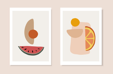 Wall Mural - Set of summer artistic greeting cards, invitations. Cut watermelon, orange citrus fruit and abstract geometric shapes. Modern minimalist vector drawing, web banners. Exotic posters, wall art, brochure