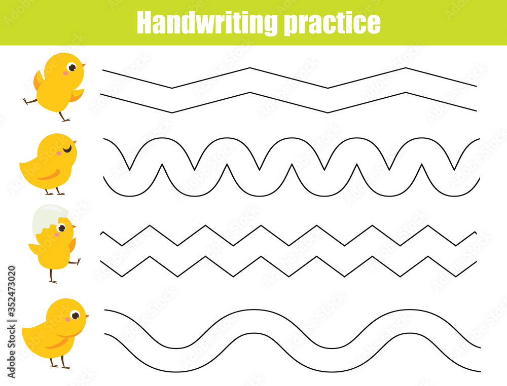 Funny yellow chickens. Handwriting practice sheet. Educational children ...