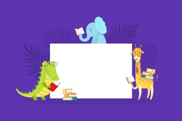 Sticker - Cute Wild African Animals with Blank Banner, Crocodile, Elephant, Giraffe with Blank Sign Board Reading Books Cartoon Vector Illustration