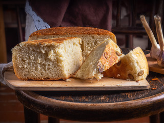 Close-up of homemade bread on a cutting board lying