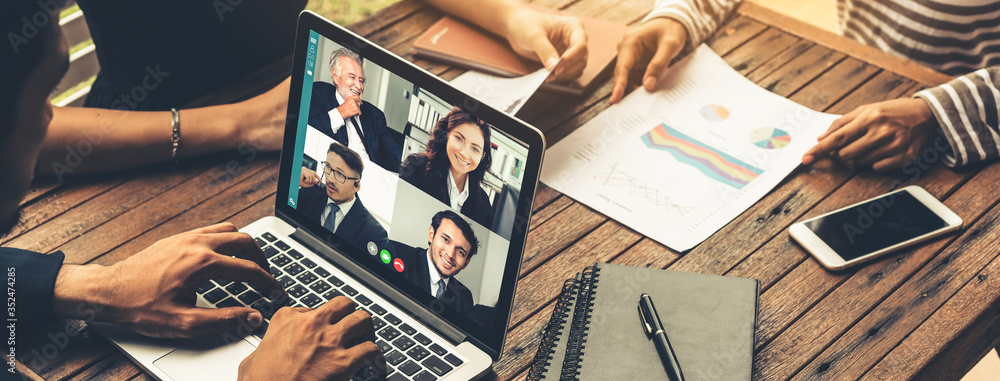 Video call group business people meeting on virtual workplace or remote office. Telework conference call using smart video technology to communicate colleague in professional corporate business. - obrazy, fototapety, plakaty 
