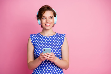 Sticker - Close-up portrait of her she nice-looking attractive lovely charming cute cheerful cheery wavy-haired girl listening single rock hit spending free time isolated on pink pastel color background