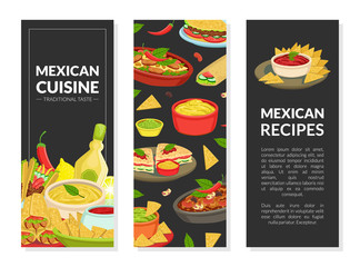 Sticker - Mexican Cuisine Recipes Vertical Banners Set with Traditional Tasty Dishes and Space for Text, Takeaway Meal, Restaurant, Cafe, Food Menu Flyer, Brochure Vector Illustration