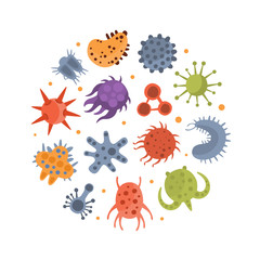 Sticker - Various Microorganisms of Round Shape, Funny Germs, Viruses and Microbes Characters, Design Element Can Be Used for Wallpaper, Packaging, Background Cartoon Vector Illustration