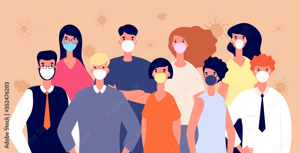 People in medical masks. Flu virus prevention. Man woman wearing individual health protection, covid-19 or coronavirus vector illustration. Protection people mask against coronavirus, safety crowd - obrazy, fototapety, plakaty 