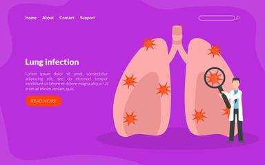 Sticker - Lung Infection Landing Page Template, Pulmonary Respiratory Medicine, Doctors Analyzing Human Lungs Vector Illustration