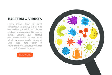 Sticker - Bacteria and Viruses Landing Page Template, Magnifying Glass with Microorganisms and Pathogens, Medical, Hygienic, Science Website Vector Illustration