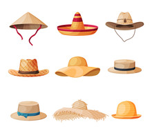 Summer Hats Collection, Straw Headdress For Men And Women, Vintage Elegant Headwears Vector Illustration