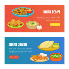 Wall Mural - Indian Cuisine and Recipes Landing Page Templates Set, Traditional Asian Tasty Dishes, Ordering Online Service, Takeaway Meal, Tasty Recipes Vector Illustration