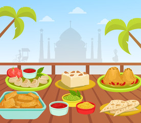 Wall Mural - Indian Cuisine, National Tasty Food Dishes on Wooden Table on Background of Taj Mahal Building Vector Illustration