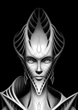 Fantasy Character Close Up, Alien, Space Elf Woman, Humanoid, With An Elongated Head, Sharp Long Ears, With Earrings, With Stripes And Folds, With Wide Collar And Long Neck, Symmetric, No Background.
