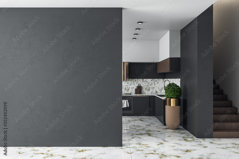 Clean kitchen studio interor and blank black wall. - obrazy, fototapety, plakaty 