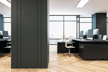 Minimalistic coworking office interior with city view