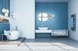 canvas print picture - Modern blue bathroom interior with bath and decorative objects
