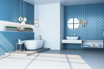 Wall Mural - Modern blue bathroom interior with mirror