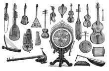 Antique Stringed And Percussion Musical Instruments / Antique Engraved Illustration From Brockhaus Konversations-Lexikon 1908
