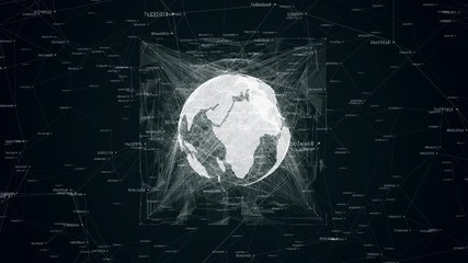 earth globe with a lot of connections spinning in cube with geometric noise, 4K tech background