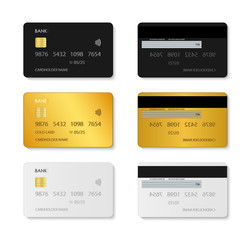 Card credit. Mockup of plastic debit card. Set of bank card with chip. Template in front, back view. White, black, gold mock. Payment with security for business, shopping. Luxury background. Vector