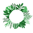 © ssstocker - Green leaves circle frame. Herb leaf cute round botanical design border, palms and herbs planting garden vector sign, green tropical foliage label