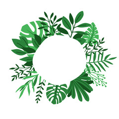 Green leaves circle frame. Herb leaf cute round botanical design border, palms and herbs planting garden vector sign, green tropical foliage label