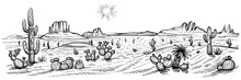 Desert Panorama Landscape, Vector Illustration. Arizona Line Sketch With Cactuses And Rocks.
