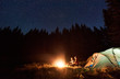 © anatoliy_gleb - Couple tourists sitting by burning campfire near tent under bright starry sky in pine forest. Romantic night camping in the mountains. Healthy lifestyle and relaxation concept. Outdoor recreation
