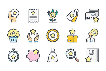 Wall Mural - Loyalty Program and Client Bonuses related color line icon set. Customer Reward Service colorful linear icons. Coupon, Cashback and Point Tickets flat color outline vector sign collection.