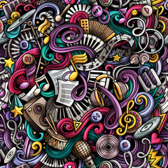  Music hand drawn doodles seamless pattern. Musical instruments background. Cartoon fabric print design. Colorful vector art illustration