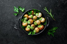"Escargots De Bourgogne" - Baked Snails With Garlic, Butter And Basil. French Traditional Food. Top View. Free Space For Your Text.