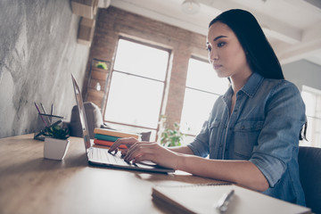 Close-up profile side view portrait of her she nice attractive lovely focused girl typing e-mail working remotely it project start-up in modern loft industrial house apartment