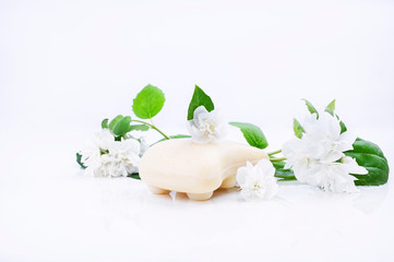 Jasmine essential oil and fresh jasmine blossom. Jasmin soap for spa and relax. Alternative medicine and natural body care cosmetics. Fresh buds of white flowers. Copy space