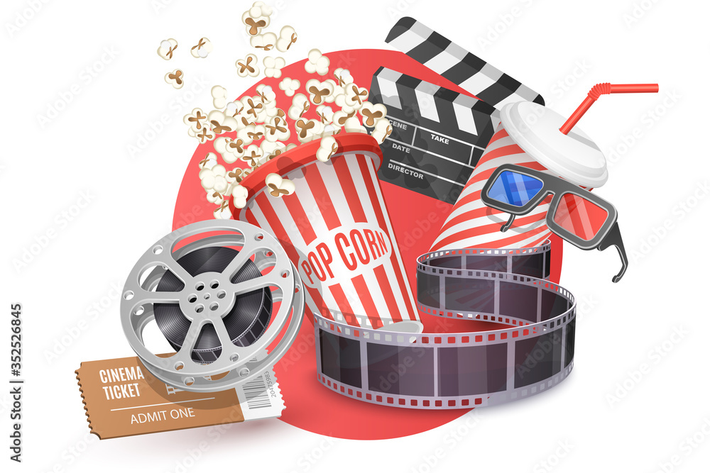 3D Vector Concept of Cinema Poster Composition with Popcorn, Clapperboard, 3d Glasses and Filmstrip, Movie Theater Icon, Cinematography and Filmmaking. - obrazy, fototapety, plakaty 