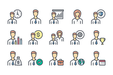 Wall Mural - Business People related color line icon set. Team work colorful linear icons. Working staff and Profile Settings flat color outline vector sign collection.