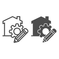 Wall Mural - Building with gear and pencil line and solid icon, smart home concept, smart house repairing sign on white background, house construction and design icon in outline style mobile, web. Vector graphics.