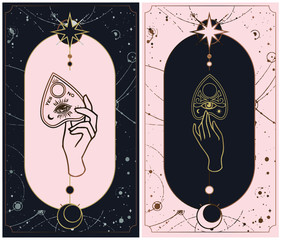 Tarot cards Bohemian hand Planchette Ouija, which consists of the image of the eyes of Providence. Magic, esoteric philosophy, tattoo. Isolated vector illustration.