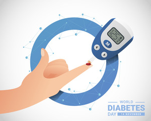 World diabetes day with Glucose testing blood on finger hand on blue circle around atom network vector design