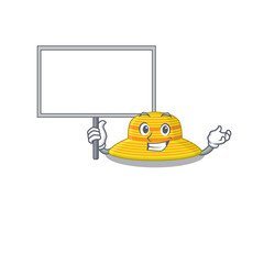 Poster - Cartoon picture of summer hat mascot design style carries a board