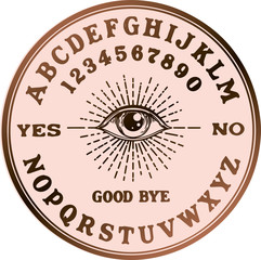 Poster - Ouija planchette with eye of providence line art, vector illustration isolated on white. Sketch style hand drawn. Element for halloween or pagan witchcraft theme.