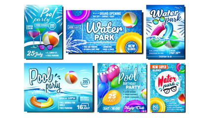 Poster - Water Park And Pool Party Promo Banners Set Vector. Collection Of Advertising Posters With Inflatable Lifebuoy And Ball, Sunglasses And Cocktail Drink. Aquapark Colored Concept Template Illustrations