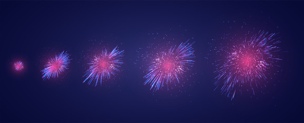 Wall Mural - vector set of different stages of a firework explosion on a dark purple background