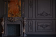 © sergiophoto - Decorative fireplace, vintage mirror and chandelier in classical black room interior