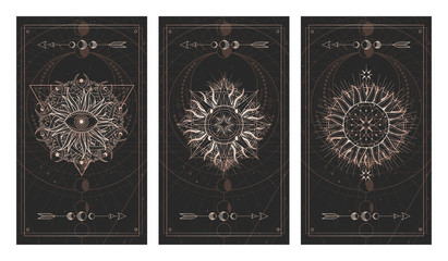 Vector set of three dark illustrations with sacred geometry symbols, grunge textures and frames. Images in black and gold colors. 