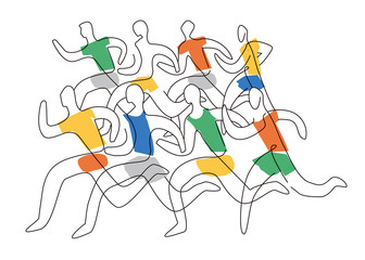 Wall Mural - Running race marathon,line art stylized. 
Colorful lineart stylized illustration of eight running racers. Isolated on white background. Vector available.